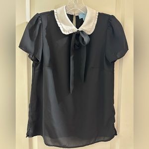 CeCe Black and White Collared Blouse